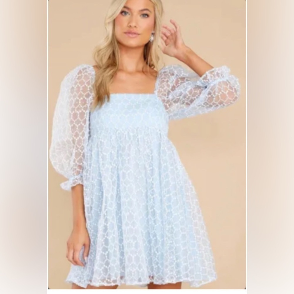 Women’s Ribbon Textured Puff Sleeve Babydoll Mini Dress In Blue
